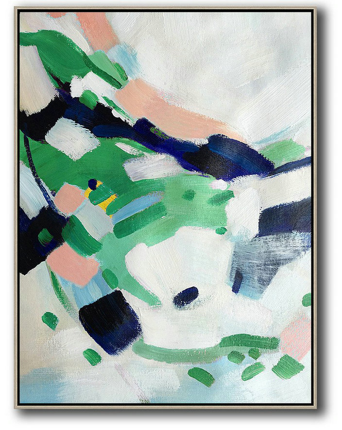Large Abstract Painting On Canvas,Vertical Palette Knife Contemporary Art,Big Art Canvas,White,Green,Dark Blue.etc